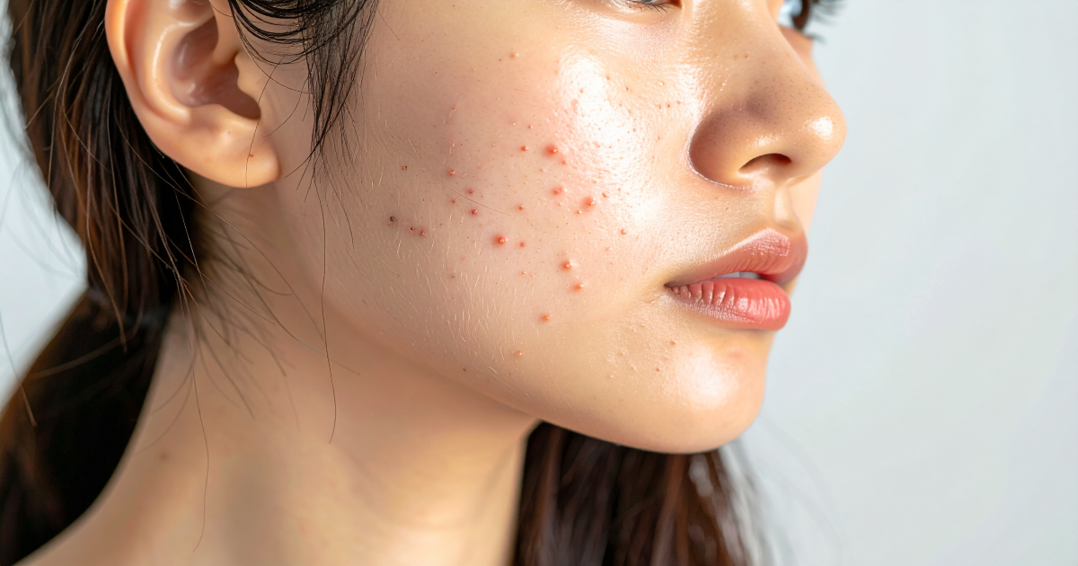 Peau avec imperfections légères et boutons, profil naturel et sans retouche