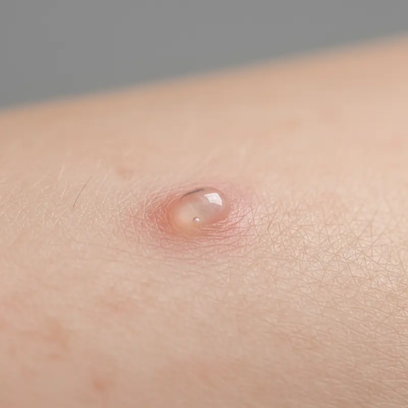 Gros plan cloque cutanée avec liquide clair sur la peau, aspect clinique