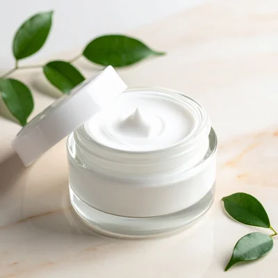 Pot de crème hydratante et feuilles naturelles