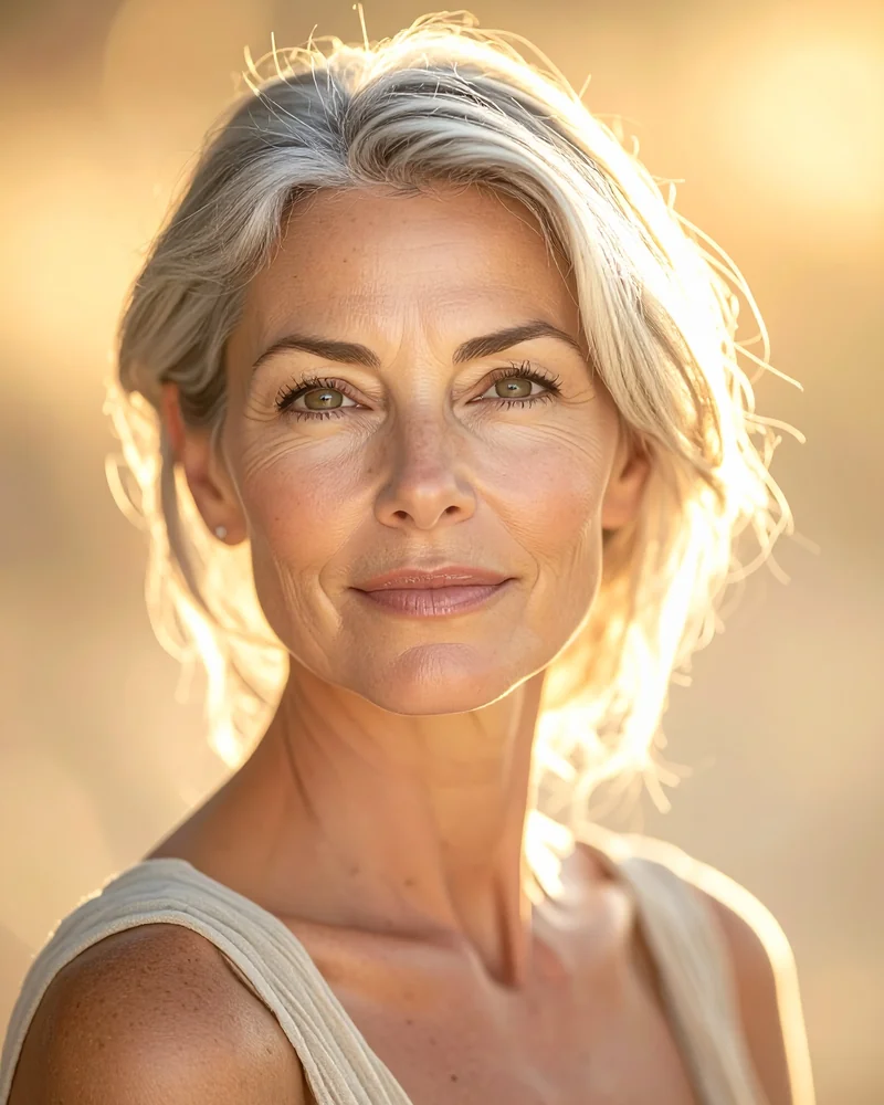 Femme mature, peau naturelle assumée et lumineuse