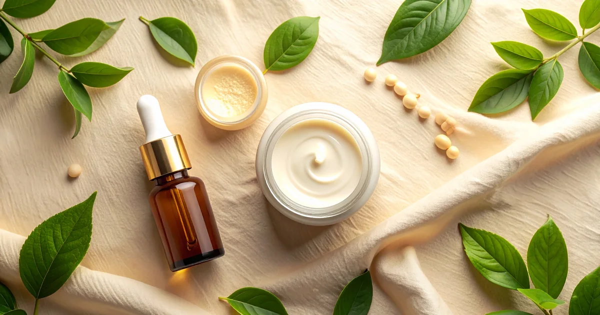 Routine de soins anti-âge, produits naturels sur surface beige