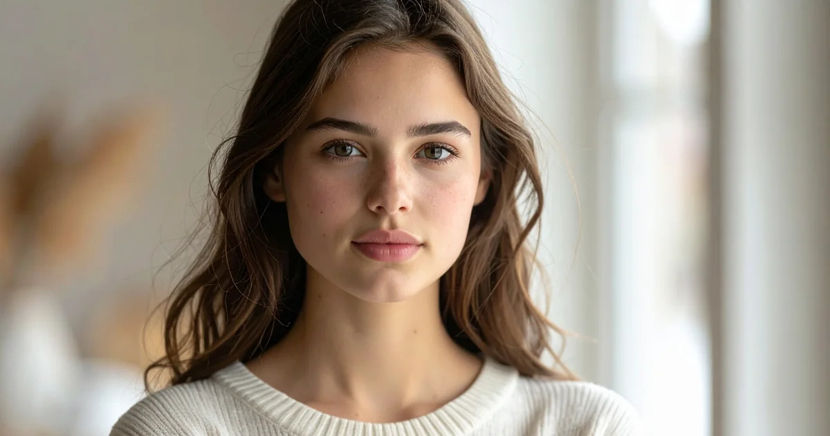 Jeune femme à la peau naturelle, lumière chaude, regard confiant