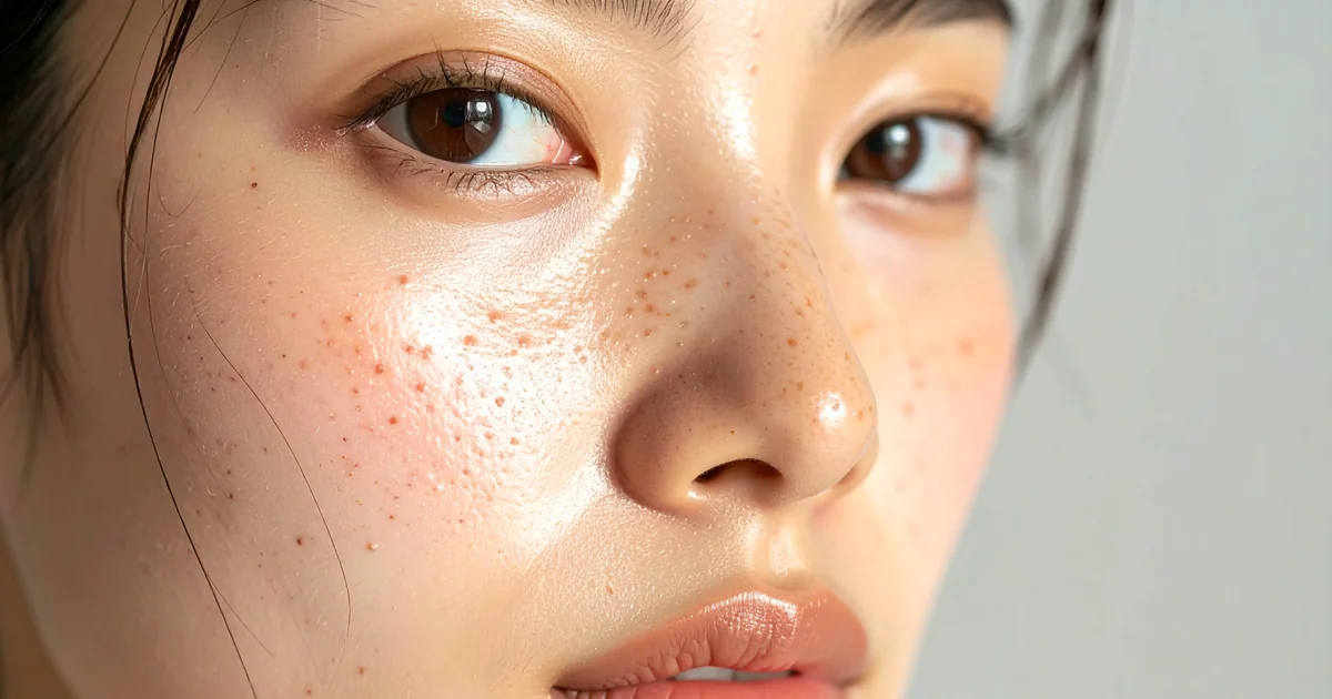 Gros plan peau grasse avec pores dilatés et excès de sébum visible