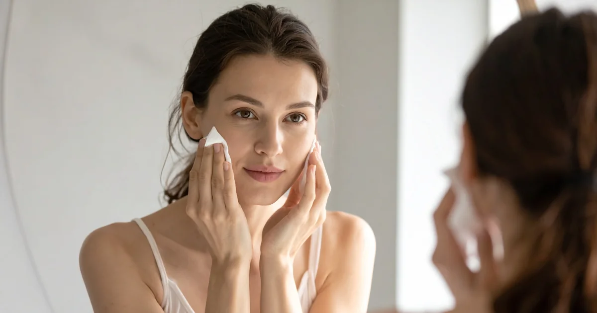 Femme testant sa peau devant un miroir, routine beauté quotidienne
