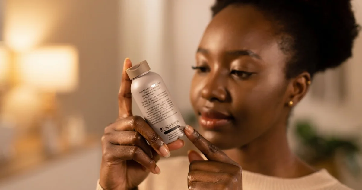 Femme lisant la liste d'ingrédients INCI d'un cosmétique