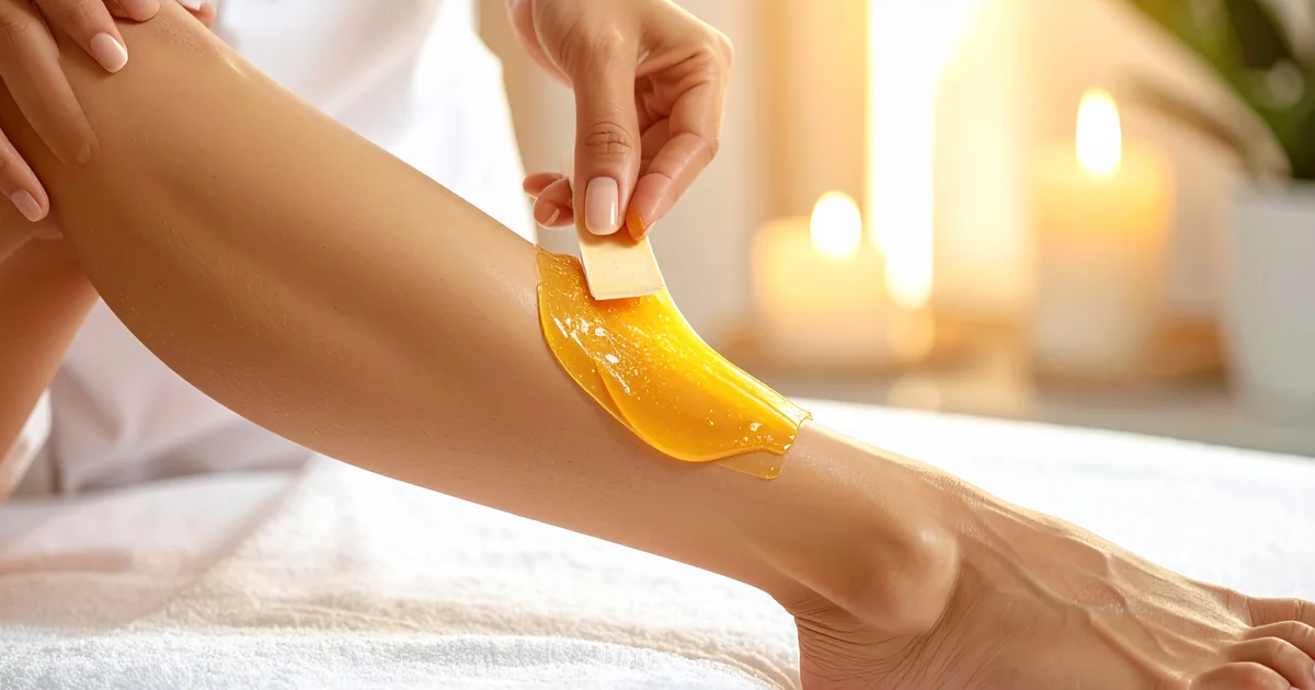 Application de cire chaude sur une jambe pour épilation