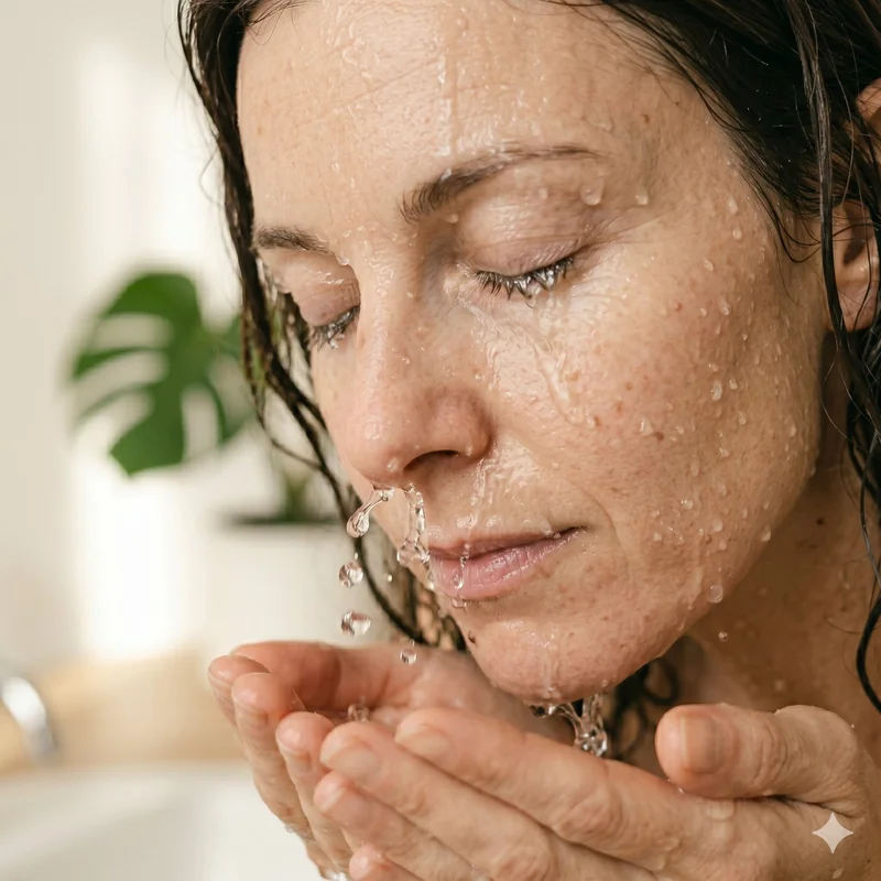 Femme se rinçant le visage à l'eau