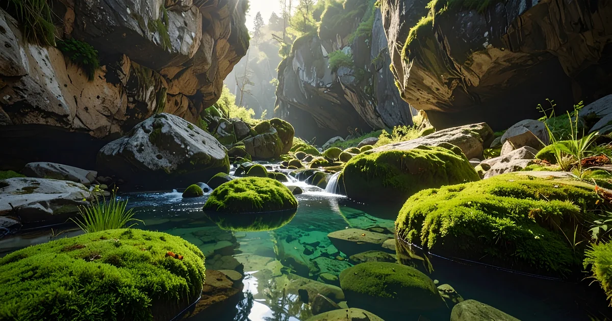 Source d'eau naturelle avec rochers et mousse