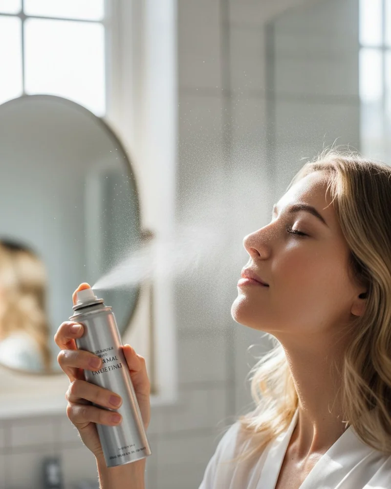 Femme se vaporisant de l'eau thermale sur le visage