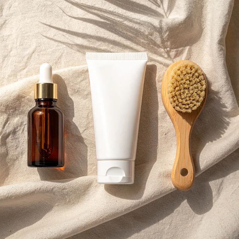 Produits de soins pour les mains et les ongles sur fond beige
