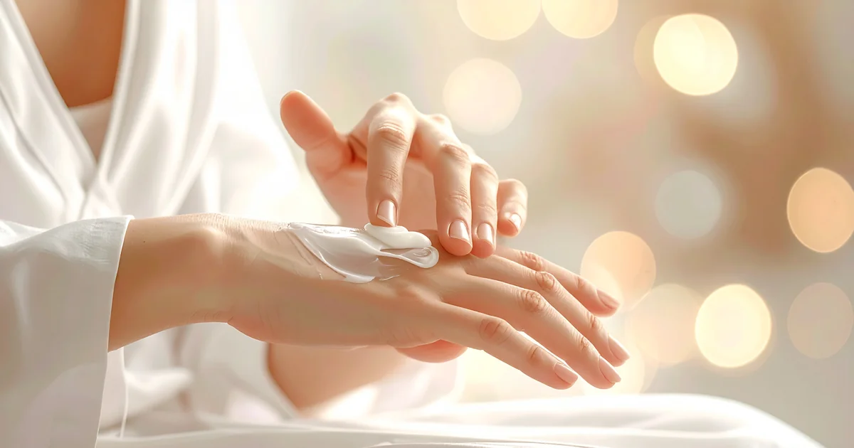 Femme massant une crème hydratante sur ses mains, geste de soin