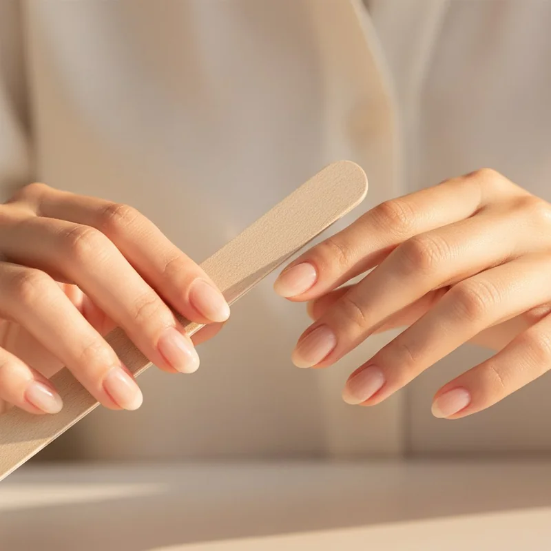 Mains avec ongles naturels soignés, lime douce, fond beige élégant
