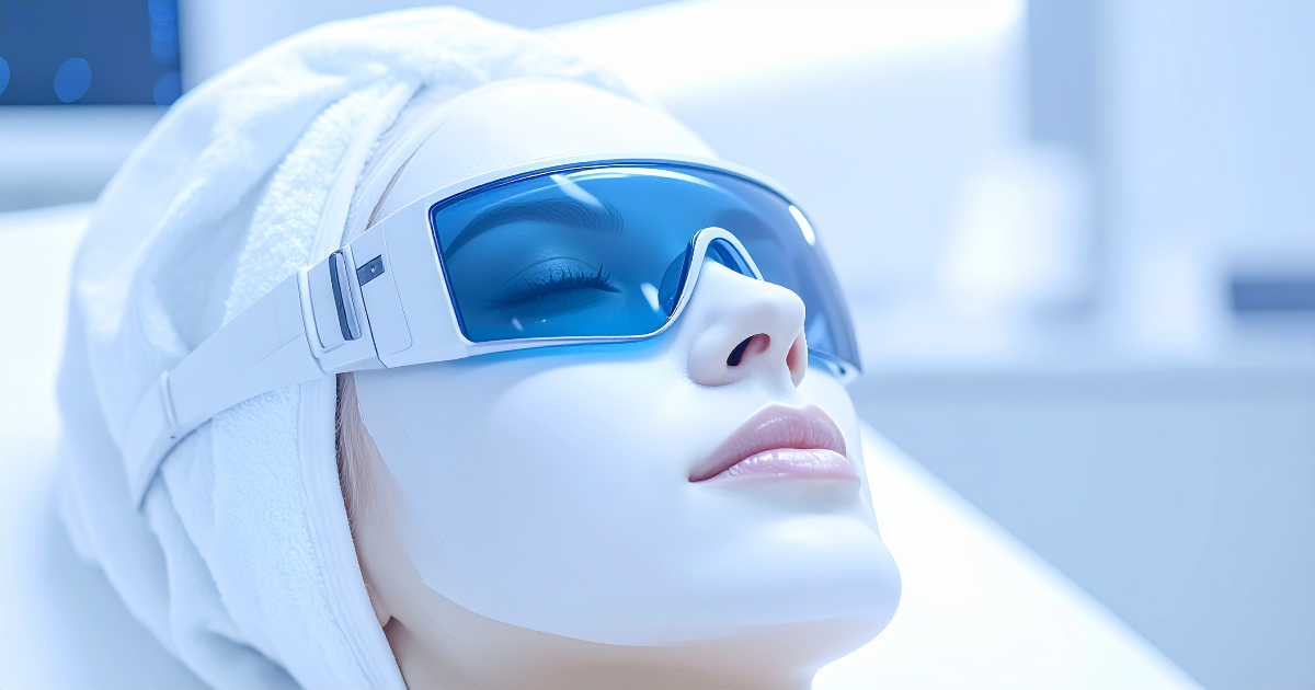 Traitement laser dermatologique, patiente avec lunettes de protection en cabinet